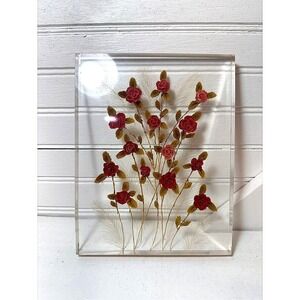 Vintage Floral Art Handmade Bohemian Resin encased Rose Flowers & stems Retro